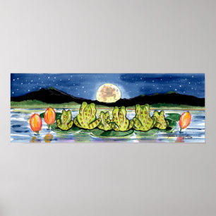 Frogs on Lily Pad Pond Watching Moon Poster Navy