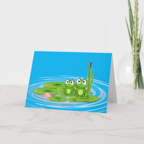 frogs on lily pad with cattail birthday card