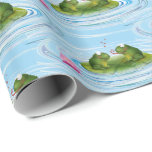 Frogs on Lily Pad with Hearts Wrapping Paper<br><div class="desc">Cute frogs on a green lily pad with hearts,  pink water lily,  and rippled water.
Blue background color can be changed.</div>