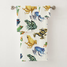 Frogs on natural white bath towel set