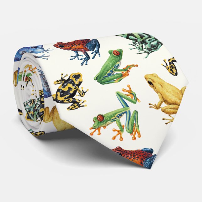 Frogs on natural white neck tie (Rolled)