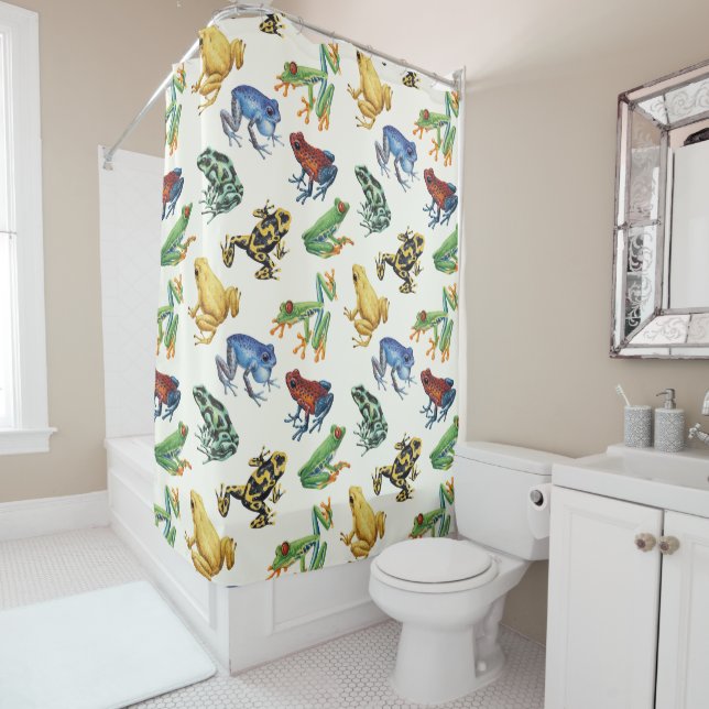 Frogs on natural white shower curtain (In Situ)