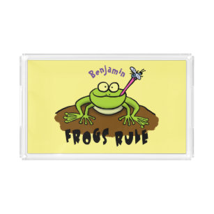 Frogs rule funny green frog cartoon acrylic tray