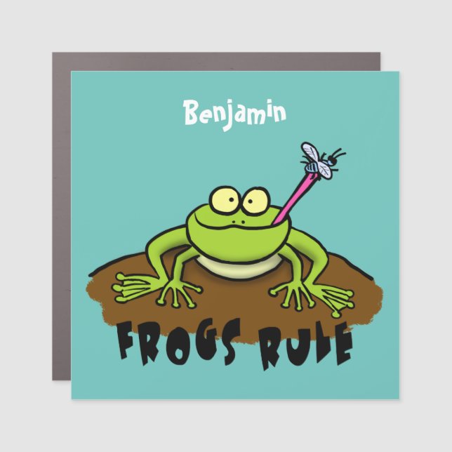 Frogs rule funny green frog cartoon car magnet (Front)