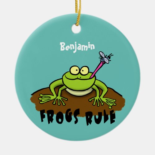 Frogs rule funny green frog cartoon ceramic ornament