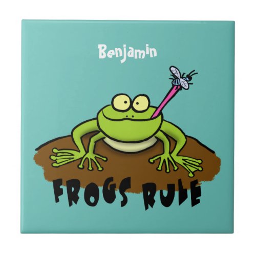 Frogs rule funny green frog cartoon ceramic tile