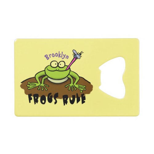Frogs rule funny green frog cartoon credit card bottle opener
