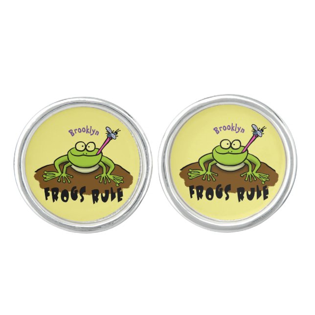 Frogs rule funny green frog cartoon cufflinks (Front)
