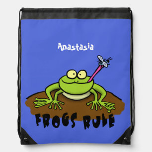 Frogs rule funny green frog cartoon drawstring bag