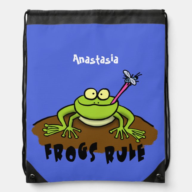 Frogs rule funny green frog cartoon drawstring bag (Front)