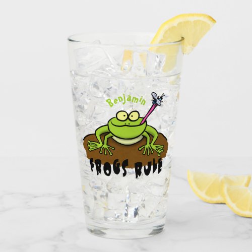 Frogs rule funny green frog cartoon glass