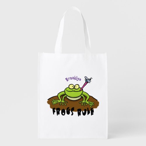 Frogs rule funny green frog cartoon grocery bag