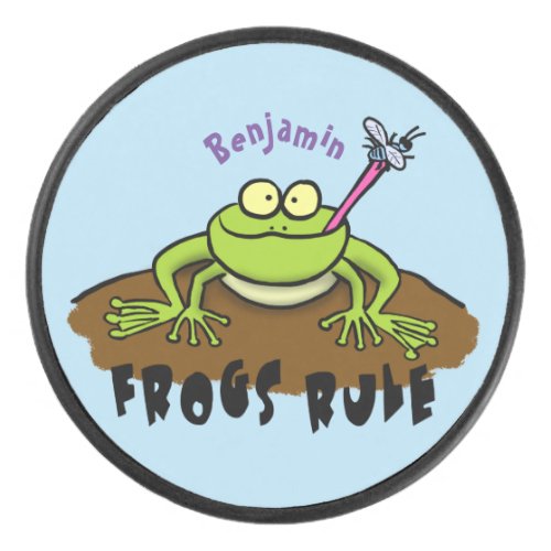 Frogs rule funny green frog cartoon hockey puck