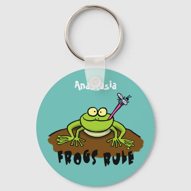 Frogs rule funny green frog cartoon keychain (Front)