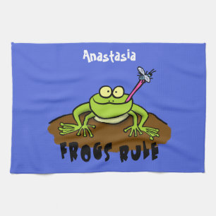 Frogs rule funny green frog cartoon kitchen towel