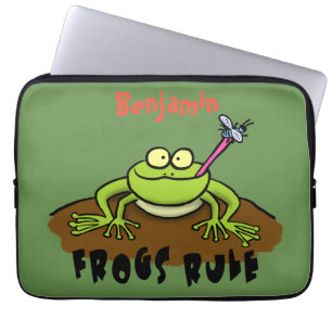 Frogs rule funny green frog cartoon laptop sleeve