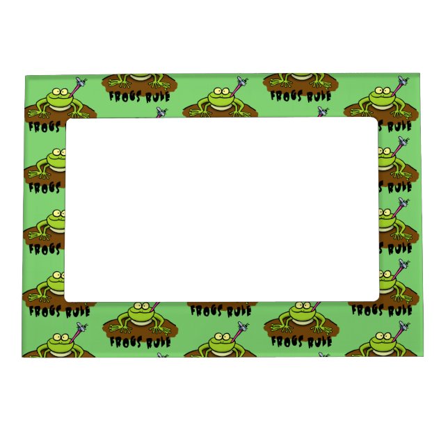 Frogs rule funny green frog cartoon magnetic frame (Front)