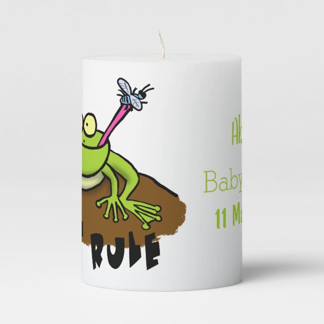 Frogs rule funny green frog cartoon pillar candle (Front)