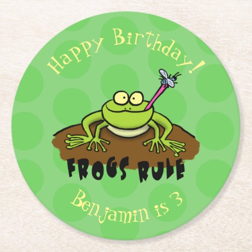 Frogs rule funny green frog cartoon round paper coaster