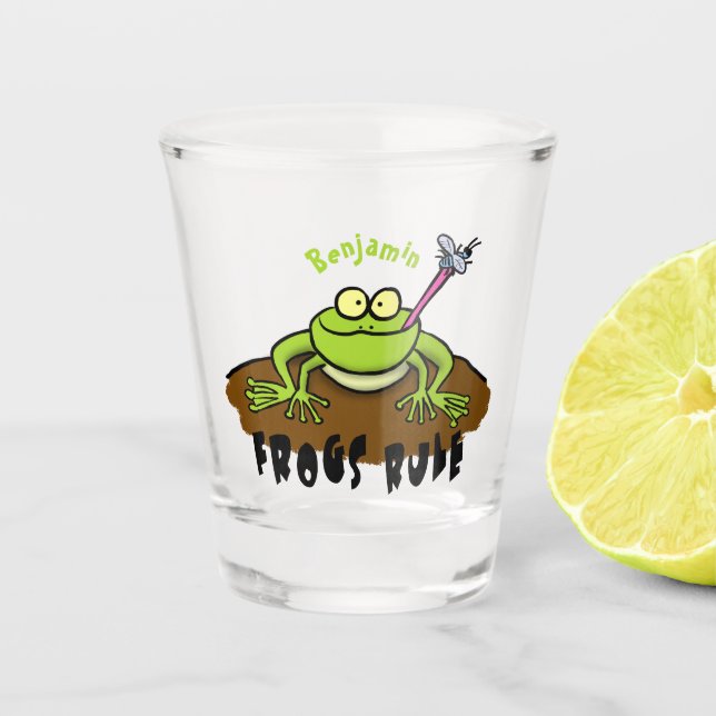 Frogs rule funny green frog cartoon shot glass (Front)