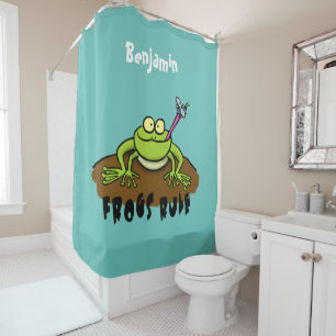 Frogs rule funny green frog cartoon shower curtain