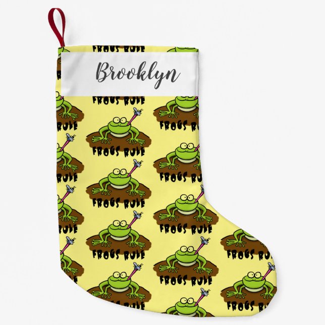 Frogs rule funny green frog cartoon small christmas stocking (Front)