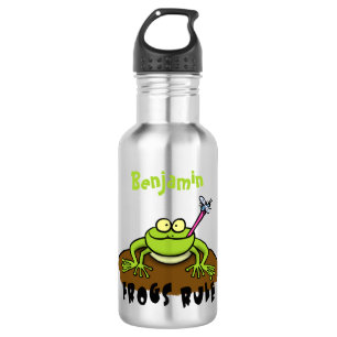 Frogs rule funny green frog cartoon stainless steel water bottle