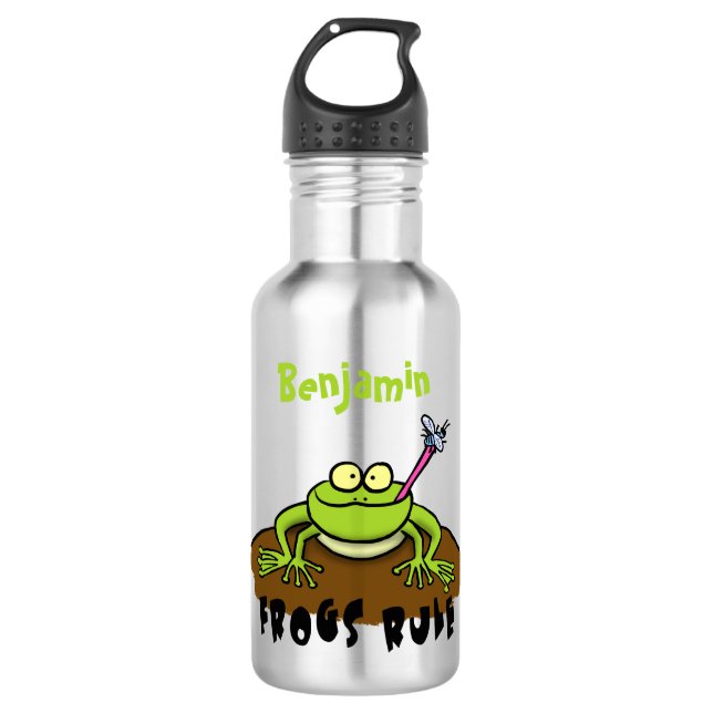 Frogs rule funny green frog cartoon stainless steel water bottle (Front)