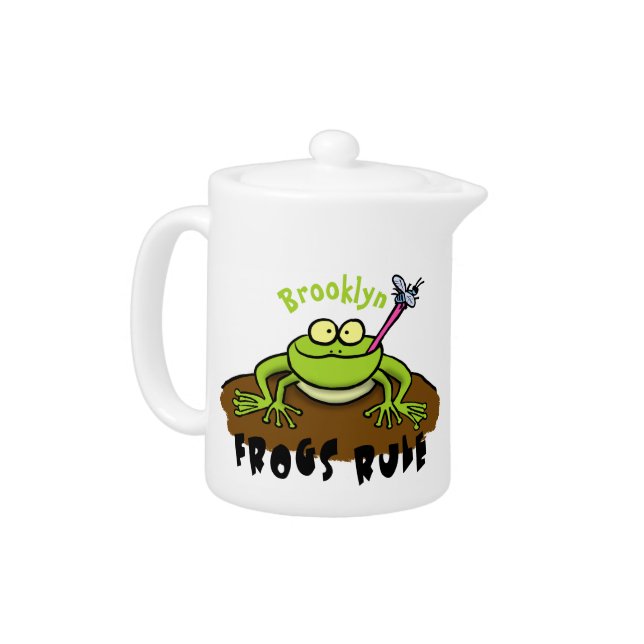 Frogs rule funny green frog cartoon teapot (Left)