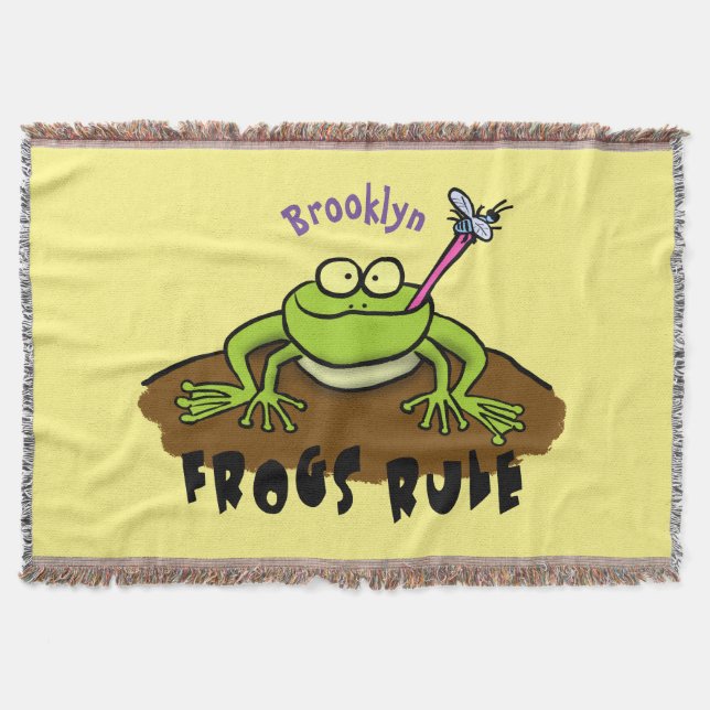 Frogs rule funny green frog cartoon throw blanket (Front)