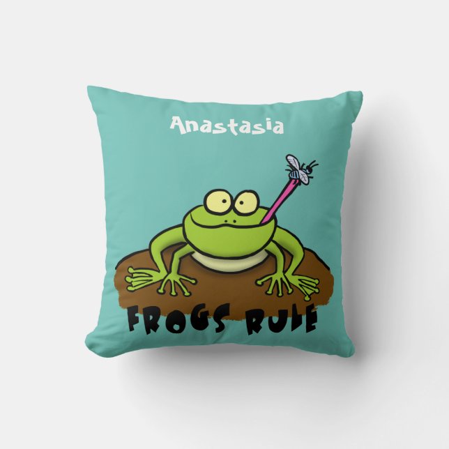 Frogs rule funny green frog cartoon throw pillow (Front)