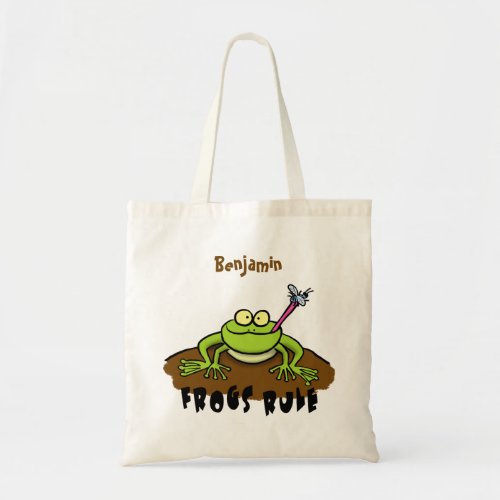 Frogs rule funny green frog cartoon tote bag