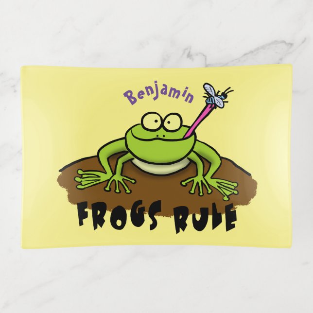 Frogs rule funny green frog cartoon trinket tray (Front)