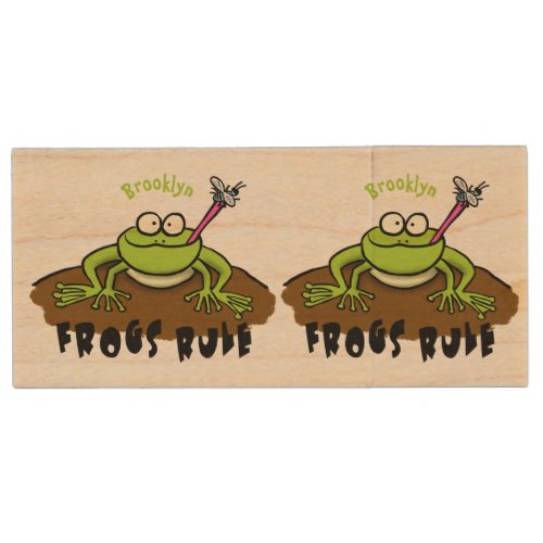 Frogs rule funny green frog cartoon wood flash drive