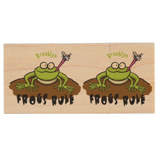 Frogs rule funny green frog cartoon wood flash drive (Front)