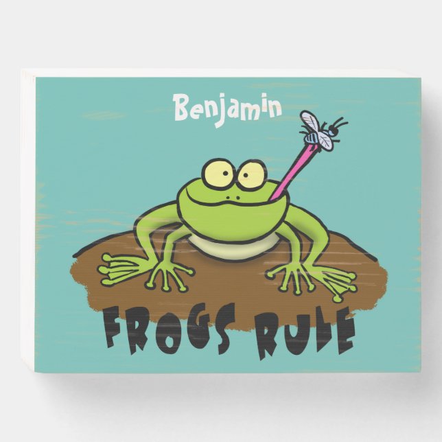 Frogs rule funny green frog cartoon wooden box sign (Front Horizontal)