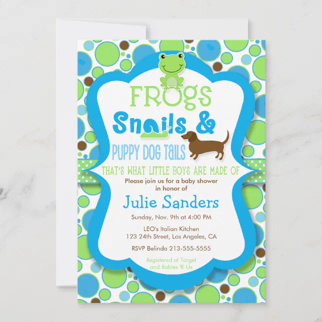 Frogs, Snails, & Puppy Dog Tails Boy Baby Shower Invitation Zazzle