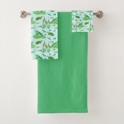 Frogs Turtles Fish Green Bath Towel Set