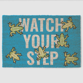 FROGS! Watch Your Step, change text WHITE+BLUE Fiber Doormat