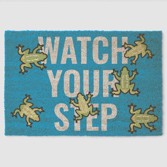 FROGS! Watch Your Step, change text WHITE+BLUE Fiber Doormat (Front)