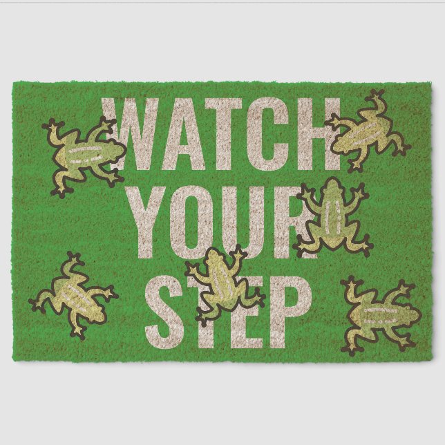FROGS! Watch Your Step, change text WHITE+GREEN Fiber Doormat (Front)