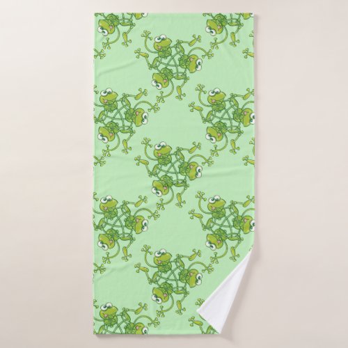 Frogs waving and having fun in a pattern design bath towel
