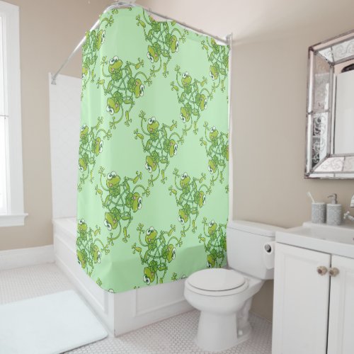 Frogs waving and having fun in a pattern design shower curtain