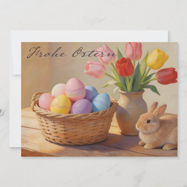Frohe Ostern mit bunten Eiern und Tulpen (Front)