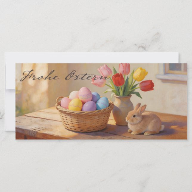 Frohe Ostern mit bunten Eiern und Tulpen (Front)