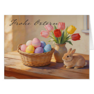 Frohe Ostern mit bunten Eiern und Tulpen Card