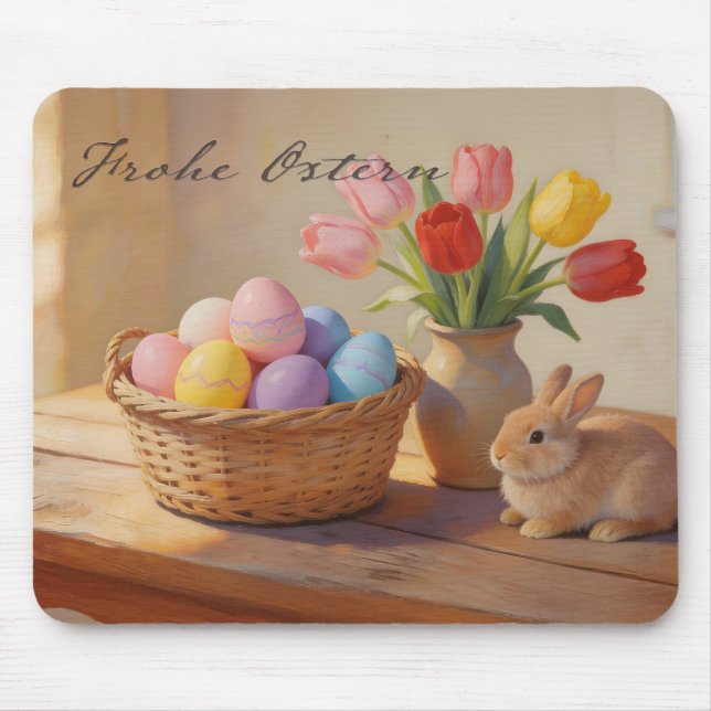 Frohe Ostern mit bunten Eiern und Tulpen Mouse Pad (Front)