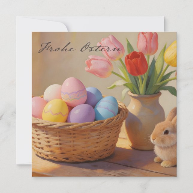 Frohe Ostern mit bunten Eiern und Tulpen Note Card (Front)