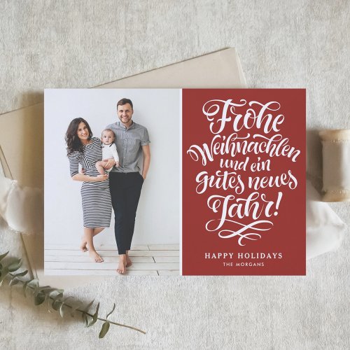 Frohe Weihnachten Calligraphy Red Photo Holiday Card