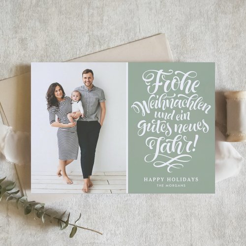 Frohe Weihnachten Calligraphy Sage Green Photo Holiday Card